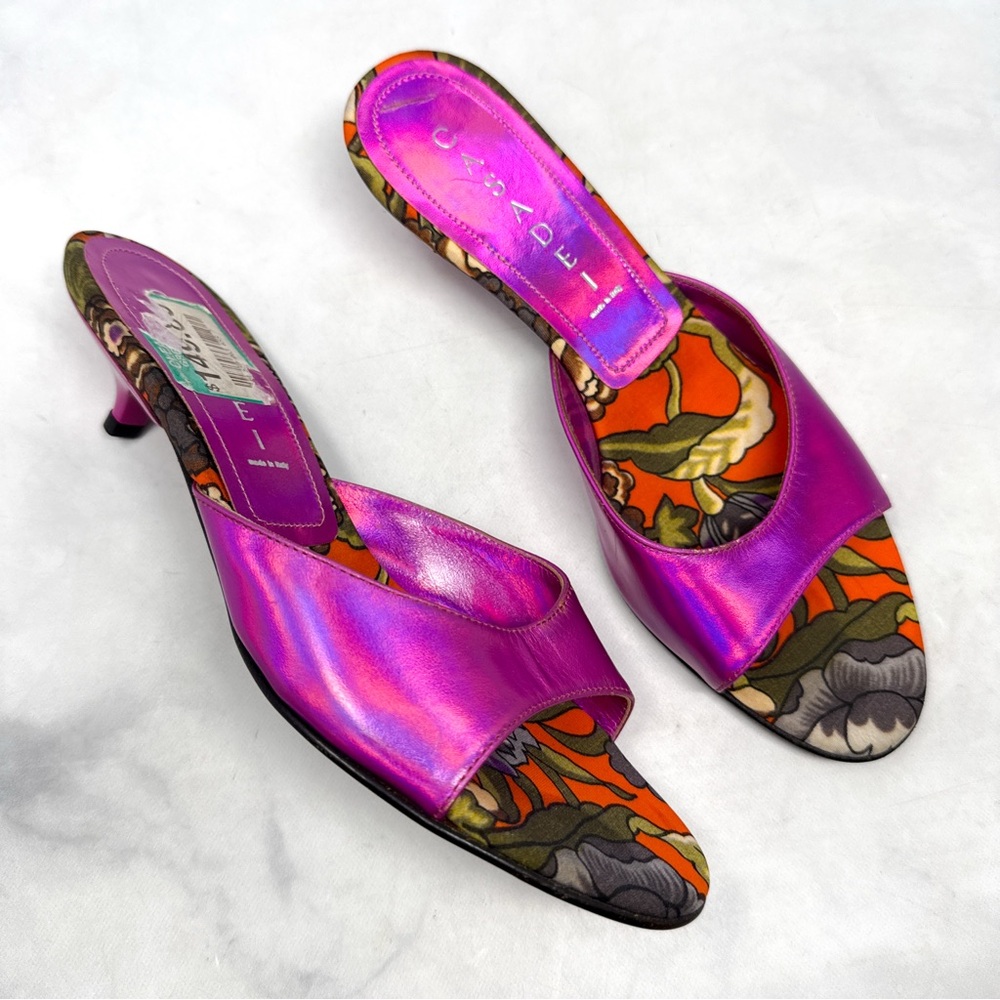 NEW Casadei Vintage Y2K Holographic Kitten Heel Sandal Mules Pink Floral 2000s 6